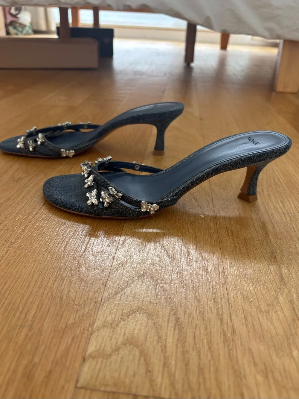 Mango Rhinestone Denim Kitten Heel Sandals Amina Muaddi Style Size 7.5